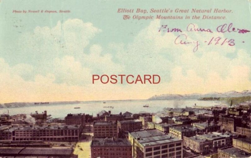 1913 ELLIOTT BAY, SEATTLE'S NATURAL HARBOR, OLYMPIC MOUNTAINS IN THE DISTANCE