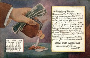 Adrian Michigan MI Savings Bank Leaking Coin Purse Ad c1910 Vintage Postcard