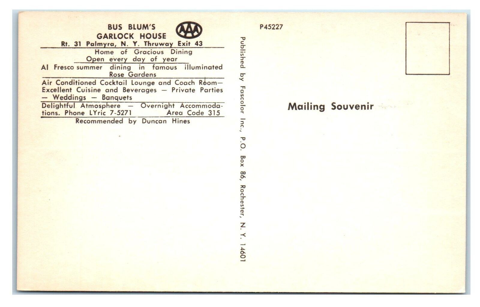 PALMYRA, NY Roadside Bus Blum's GARLOCK HOUSE Restaurant c1960s