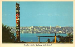 Seattle Washington~Elliot Bay & City Skyline~Indian Totem Pole~1955 Postcard