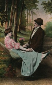 Vintage Postcard 1910s Woman Laying on Hammock Holding Man's Hands in Love