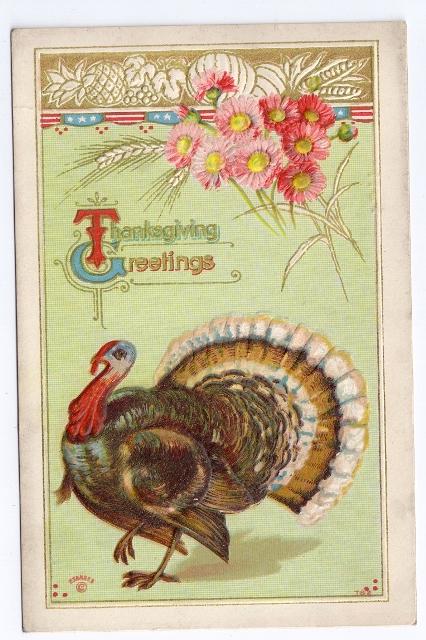 Thanksgiving Greetings Turkey Flower Wheat Vntg 1911 Embossed P Sander Postcard