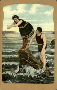 BATHING BEAUTY Man and Woman Playing in Water ROMANCE c1910 Postcard