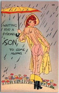 Woman Wearing See Through Raincoat And Umbrella Comic Card Postcard