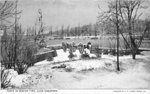 Forts in Winter Time, Glen Oak Park, Peoria, IL Cannon c1910s Vintage Postcard