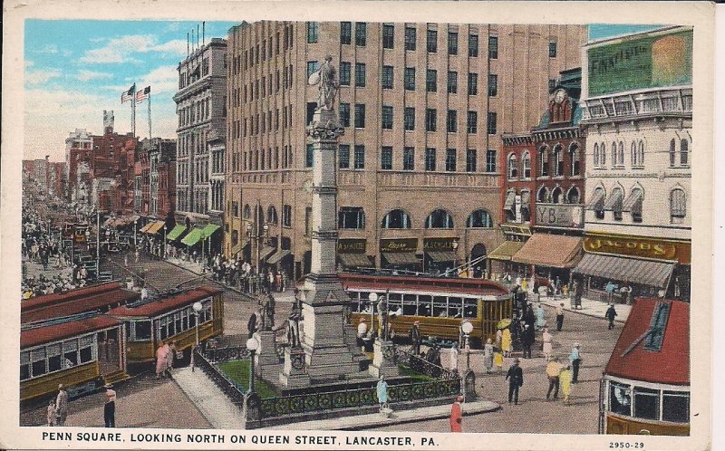 Lancaster PA 1930s, Penn Square, Trolleys, Queen St., Street Car, Monument Teich
