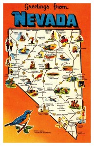 Postcard NV Map - Greetings from Nevada - map state bird orange background