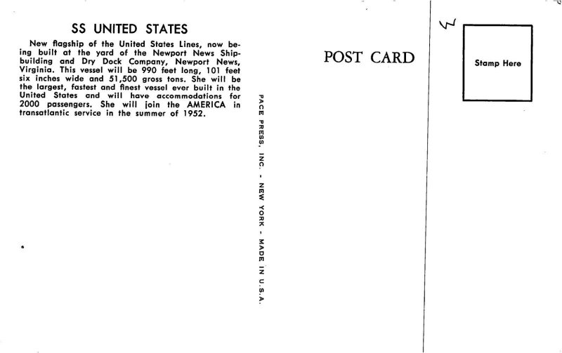 SS United States Ocean Liner Ship Line 1950s postcard