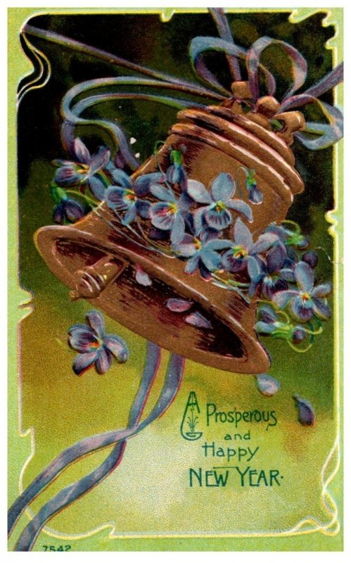 A prosperous and Happy new Year , Gold Bell, ribbons blue flowers  , embossed