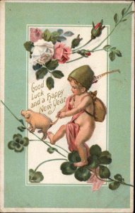 New Year Fantasy Little Boy Elf with Piglet c1910 Vintage Postcard