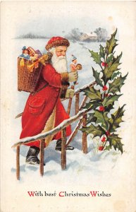 J6/ Santa Claus Christmas Postcard c1910 Holly Toys Basket 77