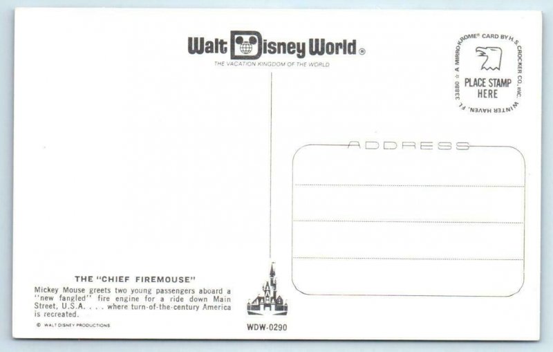 WALT DISNEY WORLD ~ Mickey Mouse CHIEF FIREMOUSE Fire Engine  Postcard