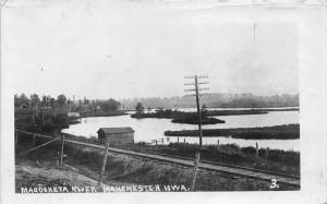 Manchester Iowa~Maqoketa River View~Railroad Tracks in Front~Shed~c1910 RPPC
