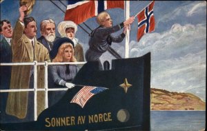 Norway Norwegian & American Flags Patriotic Sonner Ave Norge Ship Postcard
