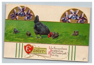 Vintage 1910's Easter Postcard Black Hen with Cute Black Chicks Purple Flowers