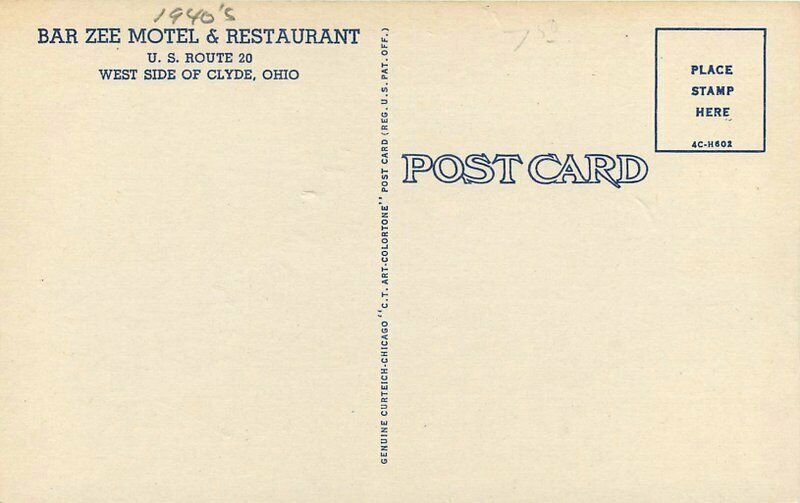 Clyde Ohio Bar Zee Motel Restaurant 1940s Teich US Route 20 Postcard 22-315