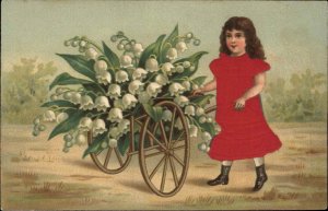 Little Girl Giant Flowers In Wagon c1910 Postcard REAL SILK