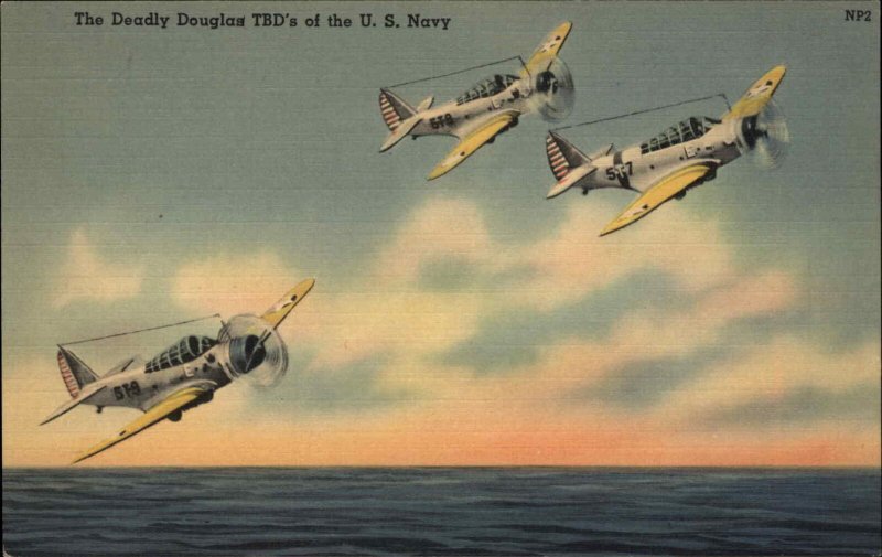 U.S. Navy Deadly Douglas TBD Torpedo Bombers Planes Linen Postcard