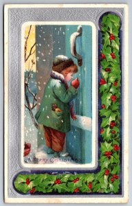 Christmas~Small Boy Gently Knocks On Door~Snow On Hat~Cookies~Holly-Silver