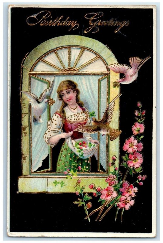 c1910's Birthday Greetings Woman On Window Feeding Birds Gel Gold Gilt Postcard