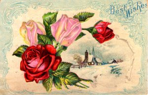 Best Wishes - Roses - Church - Snow - Embossed - in 1910