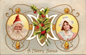 Christmas Postcard Santa Claus Face and Little Girl Face Holly~4341 