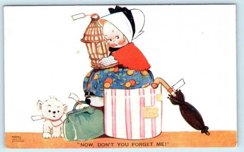 MABEL LUCIE ATTWELL Artist Signed Now Don't You Forget Me Girl, Puppy Postcard