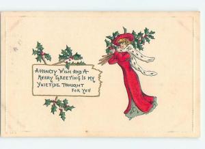 Pre-Linen PRETTY WOMAN IN RED COAT AND HAT CARRIES CHRISTMAS HOLLY hk9783