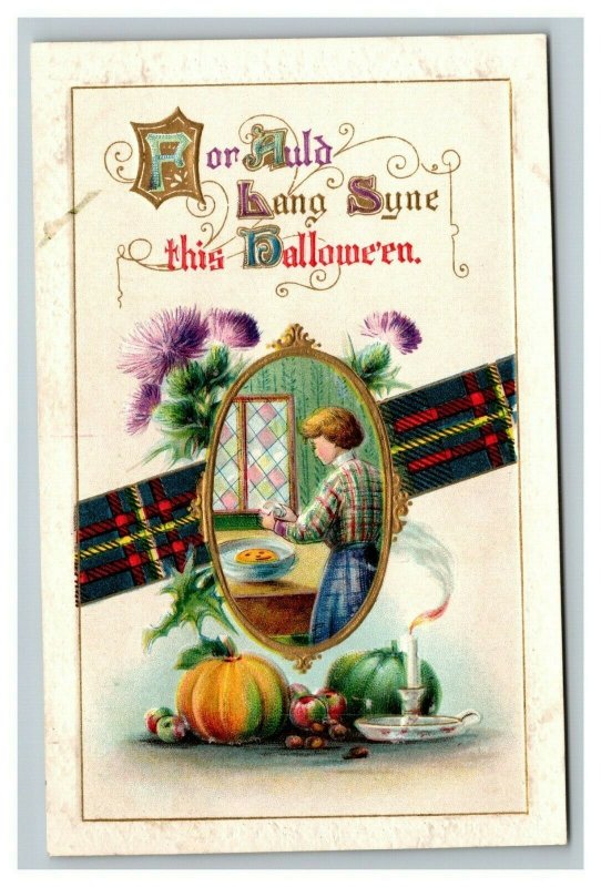 Vintage 1900's Winsch Back Halloween Postcard Woman Carving Pumpkin German