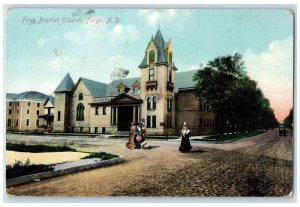 c1910 First Baptist Church Building Dirt Road Girls Fargo North Dakota Postcard