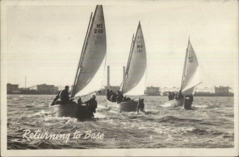Navy Sailboat Returning to Base - Great Lakes IL? WWII Era Real Photo Postcard