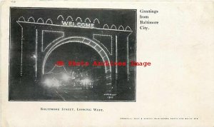 MD, Baltimore, Maryland, Baltimore St,Welcome Arch At Night,Marshall,Beck,Gordon-