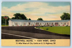 Van Wert Ohio OH Postcard Restwell Motel Exterior Street Garden Scene Vintage