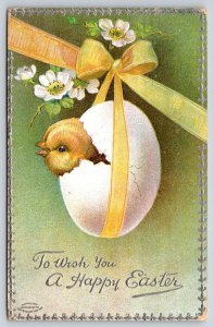 Holiday~Easter Chick Hatches~Yellow Ribbon~Green Bkgd~BB London 1910 Postcard