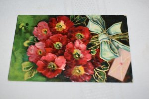 Best Wishes Pink and Red Flowers with Green Bow Postcard Made in Germany