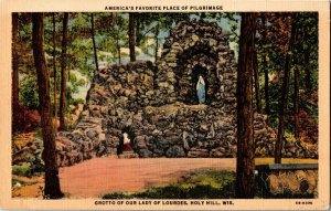 Grotto of Our Lady of Lourdes, Holy Hill WI Vintage Linen Postcard C18