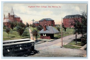 c1910's Highland Park College Trolley Train Des Moines Iowa IA Antique Postcard