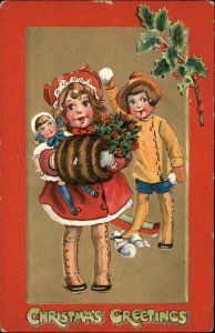 Tuck Crimson and Gold Francis Brundage Boy Little Girl with Doll c1910 Postcard