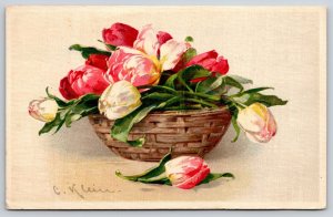 Catherine Klein~Pink Red White Roses~Buds in Wicker Basket~Texture Back~GOM 1914