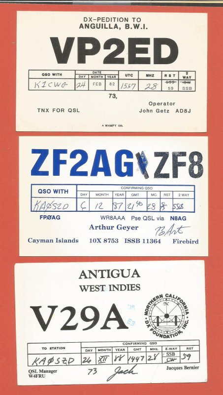 QSL AMATEUR RADIO CARDS – CARIBBEAN NATIONS – 3 DIFFERENT – 1982-1988 (2)