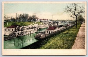 Vintage Postcard Canal Locks Waterfront Boats Streetside Road Louisville KY