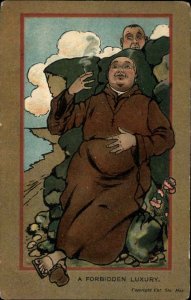 Man Catches Monk Smoking Cigarette c1910 Vintage Postcard