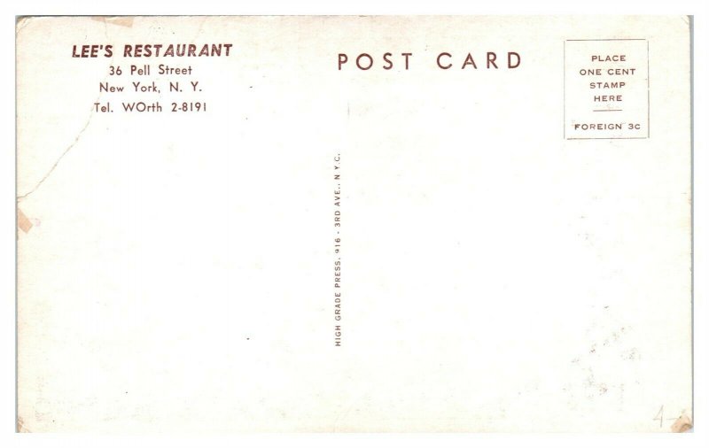 Lee's Chinese Restaurant, Chinatown, New York City Postcard *6L(3)26