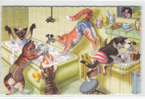 Cats Taking Bath Bathroom Kittens Goldfish Mainzer Belgium #4971 Vintage Fantasy