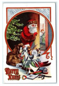 MERRY CHRISTMAS ~ SANTA With Sack Full of TOYS & TREE c1910s Embossed Postcard