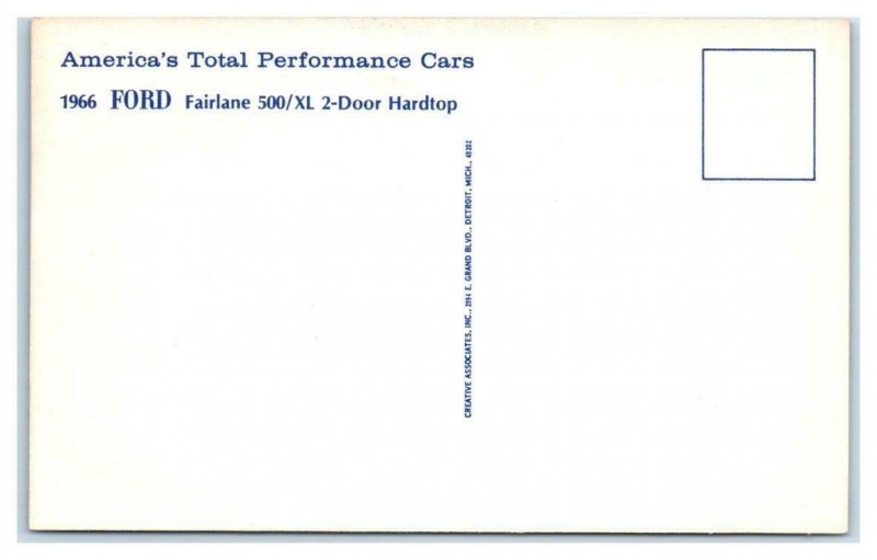 1966 FORD FAIRLANE 500/XL 2-Door Hardtop  Automobile Advertising Postcard