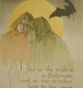 Halloween Postcard Kathryn Elliott Colorized Gibson Gothic Capes Moon Bat 1910 