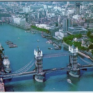 c1960s London England Aerial Tower Bridge River Thames City View Postcard