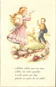 Children. Boy and girl. The faresell Vintage Spanish postcard 1950s