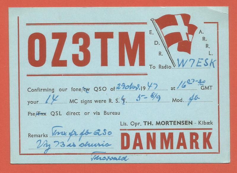 QSL AMATEUR RADIO CARD – KIBEAK, DENMARK – 1947